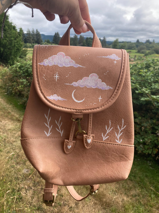 Clouds, crescent moon and ferns backpack bag