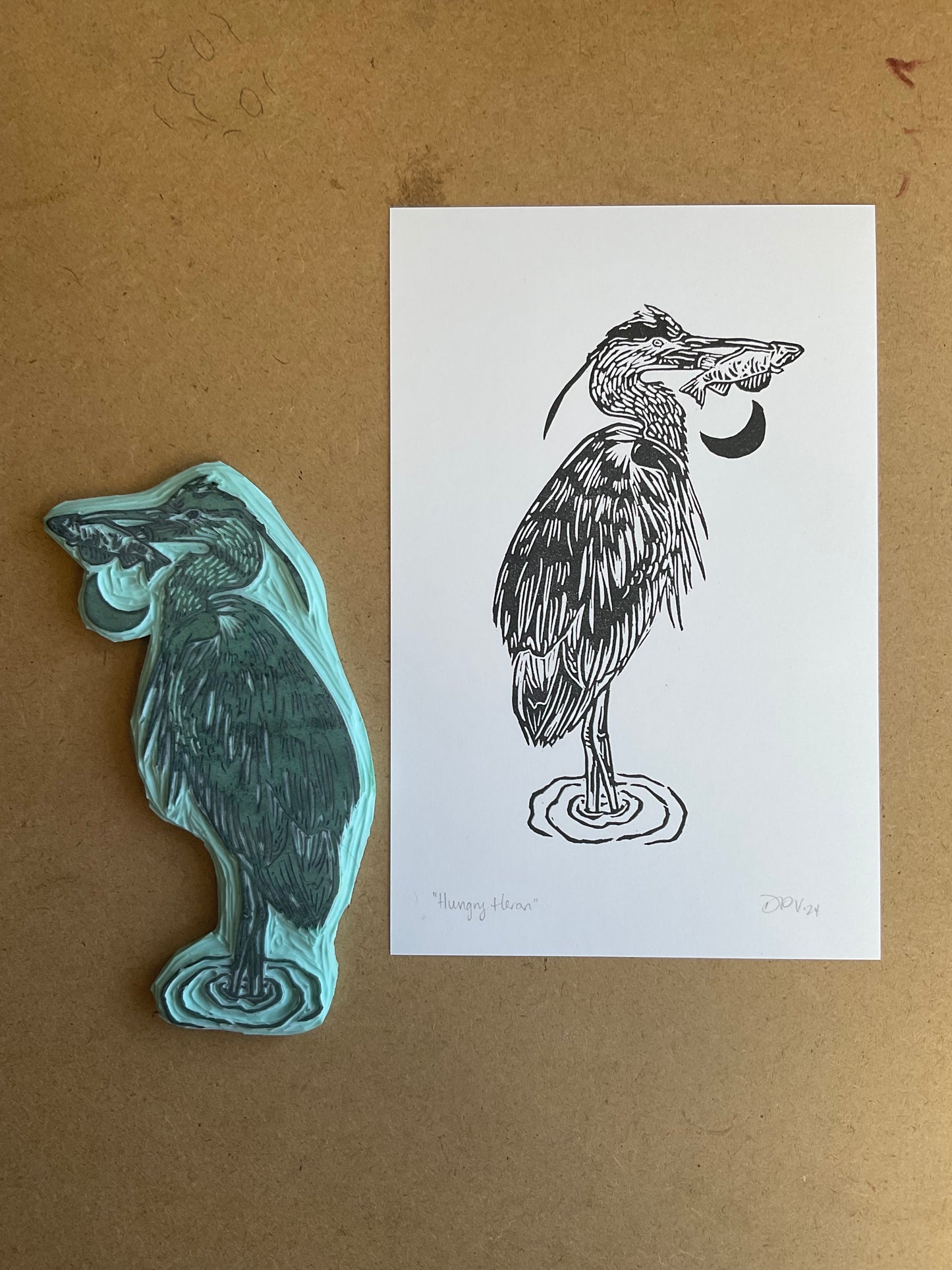 Hungry Heron block print