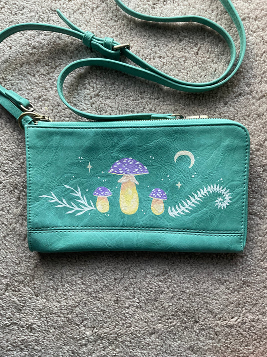 Purple and yellow mushrooms on teal crossbody