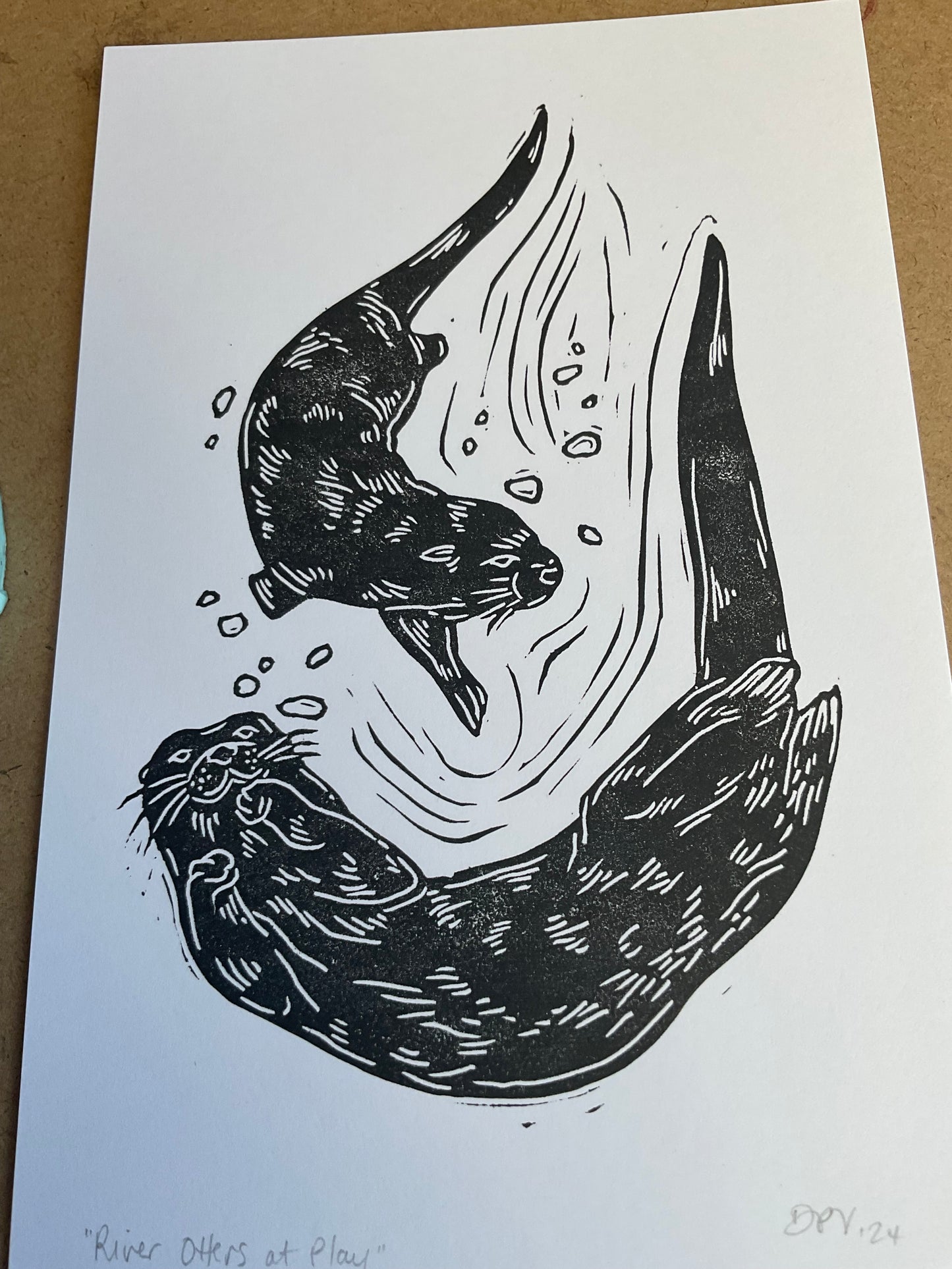 River Otters at Play block print