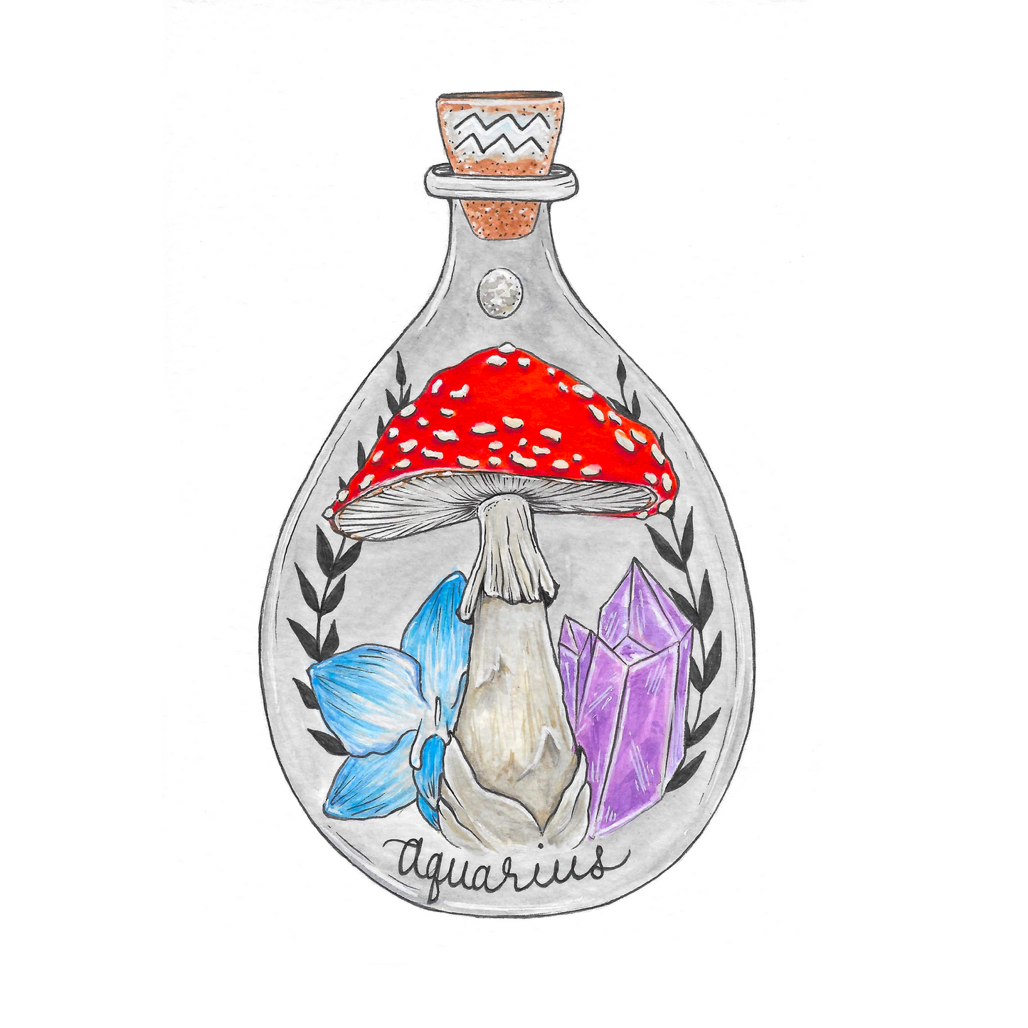 Aquarius Zodiac Bottle Giclee Print & sticker- Amanita, Orchid, Amethyst