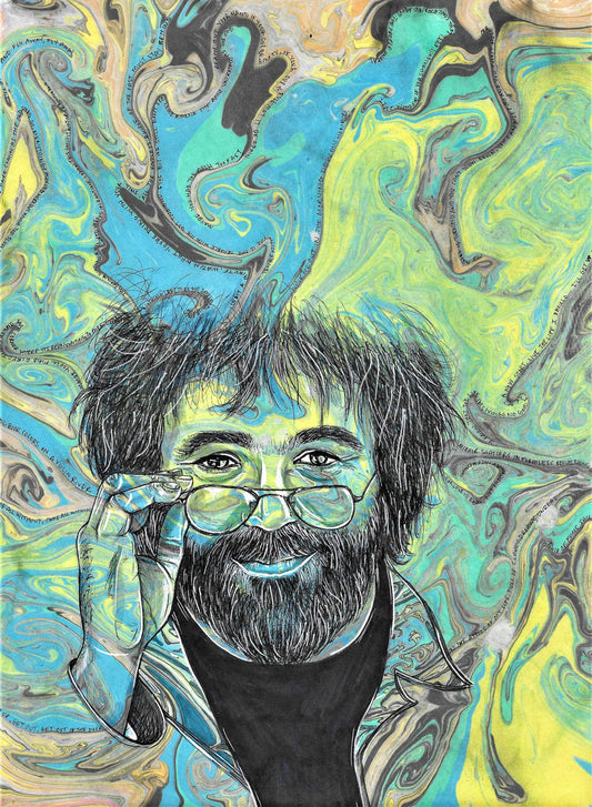 Jerry Garcia Lyric Swirl Portrait - Hand Marbled Paper Psychedelic Musician Portriat