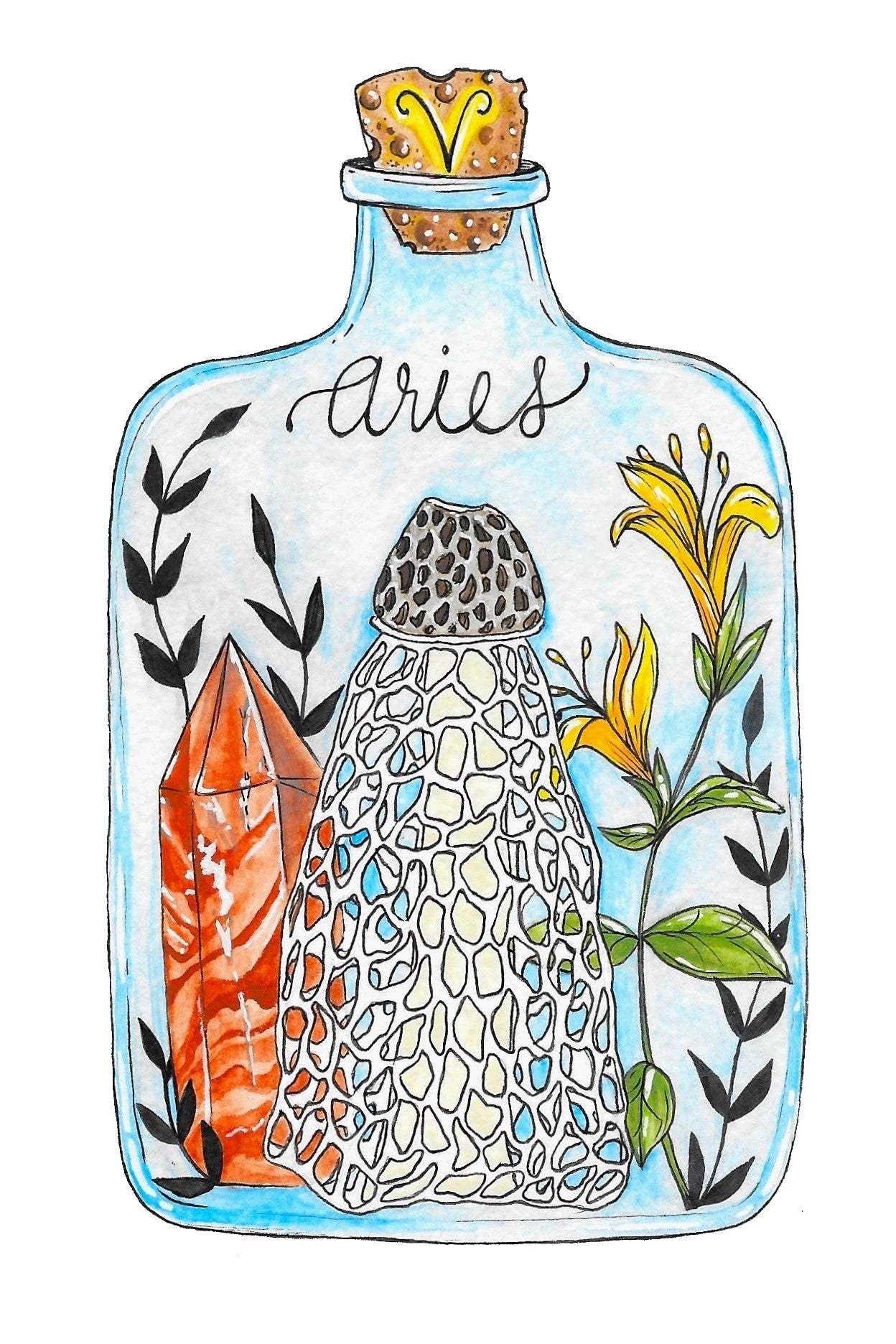 Aries Zodiac Bottle Giclee Print - Veiled Lady, Honeysuckle, Red Jasper