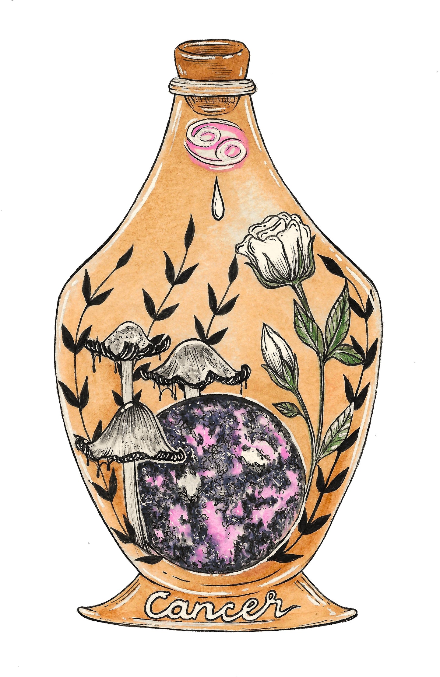 Cancer Zodiac Bottle Giclee Print - Inky Caps, White Rose and Rhodonite Sphere