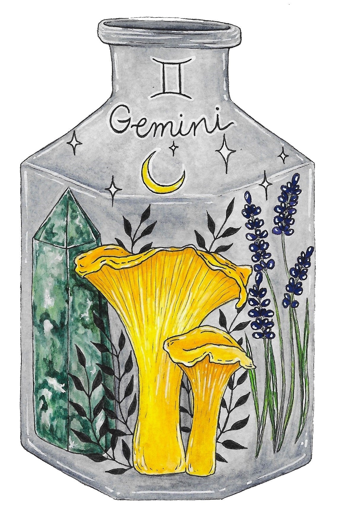 Gemini Zodiac Bottle Giclee Print - Chanterelle, Lavender and Moss Agate