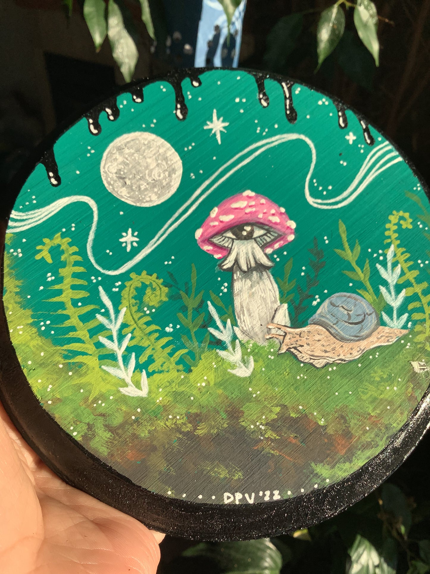 Mushroom Eye and Snail with Moon Wood Wall Plaque