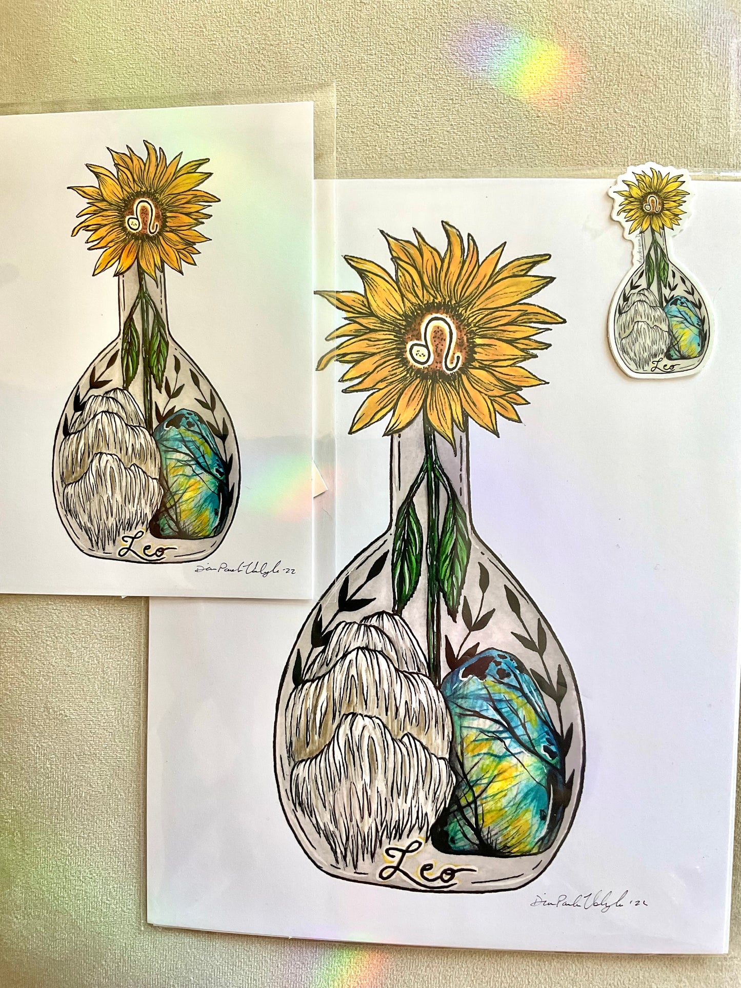 Leo Zodiac Bottle Giclee Print- Lion's Mane, Labradorite, Sunflower