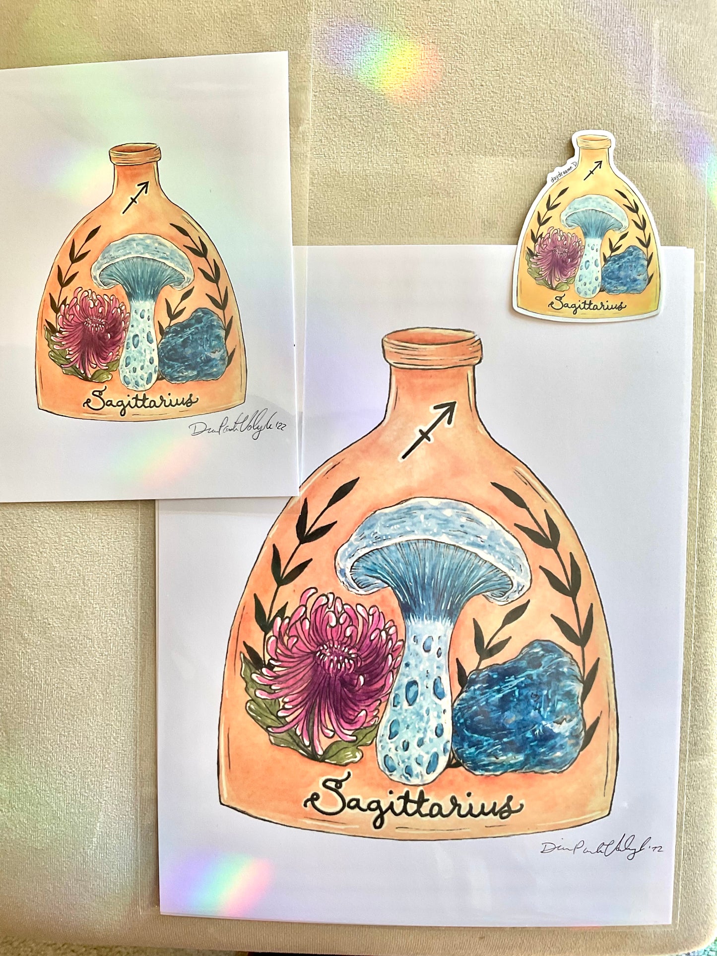 Sagittarius Zodiac Bottle - Fungi, Flower and Stone - Indigo Milk Cap, Chrysanthemum and Sodalite