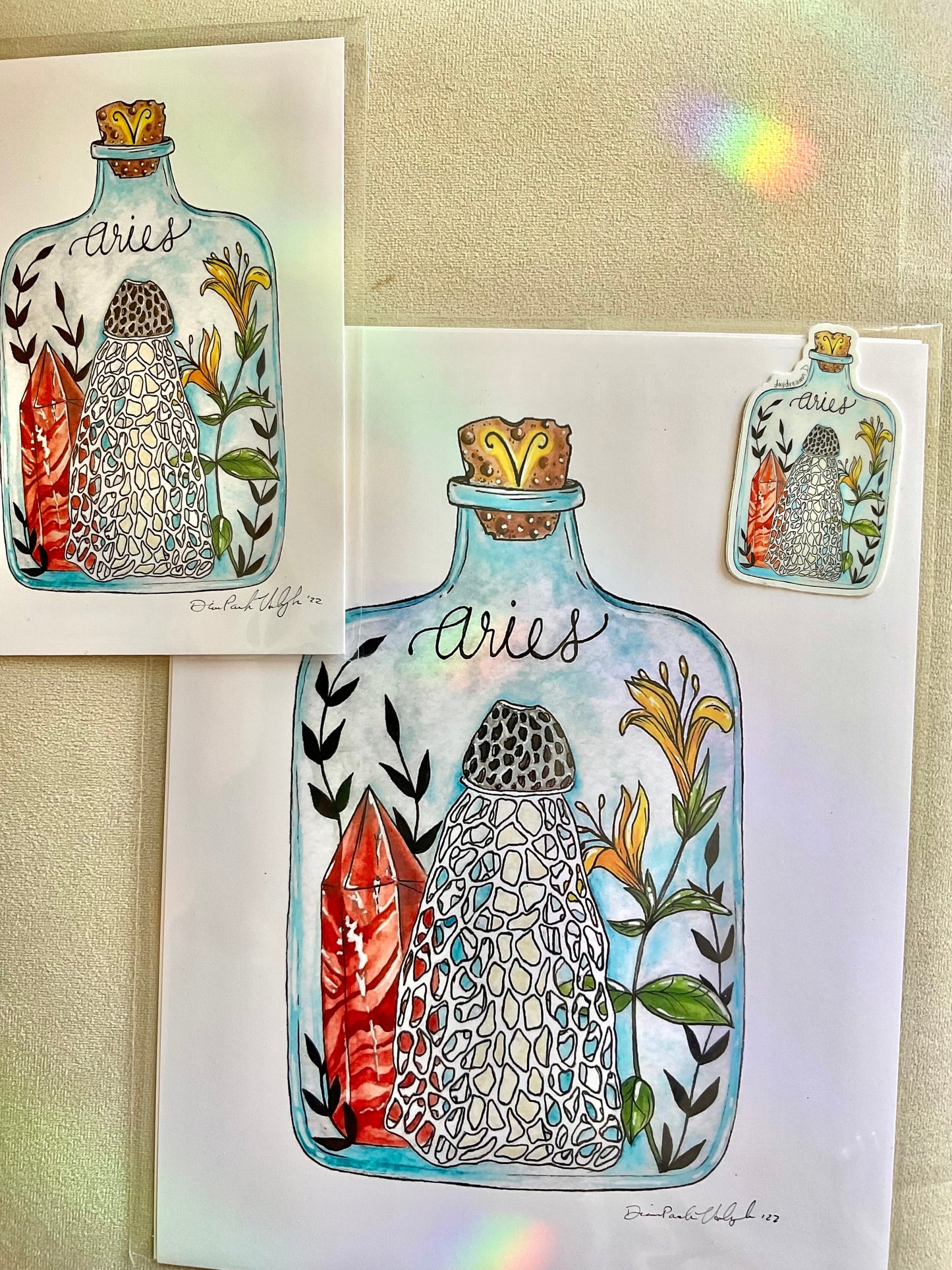 Aries Zodiac Bottle Giclee Print - Veiled Lady, Honeysuckle, Red Jasper