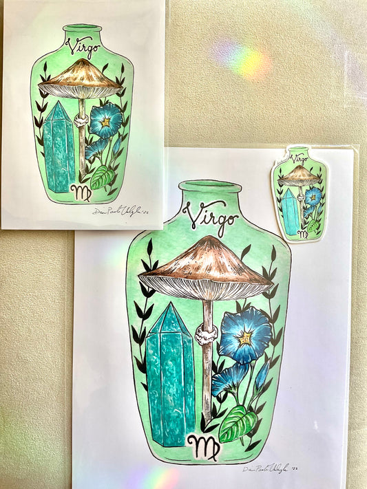 Virgo Zodiac Bottle Giclee Print- Parasol Mushroom, Amazonite Tower, Morning Glory Flower