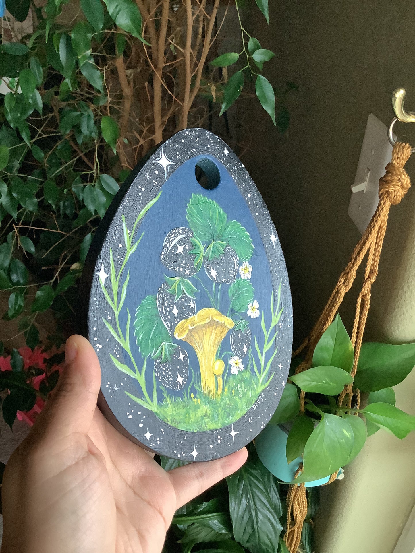 Upcycled Celestial Strawberry and Chanterelles Wood Wall Hanging