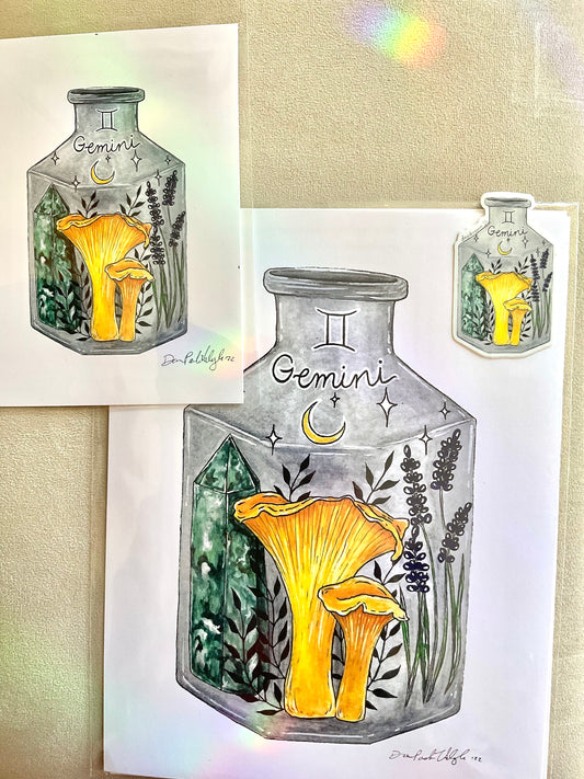 Gemini Zodiac Bottle Giclee Print - Chanterelle, Lavender and Moss Agate