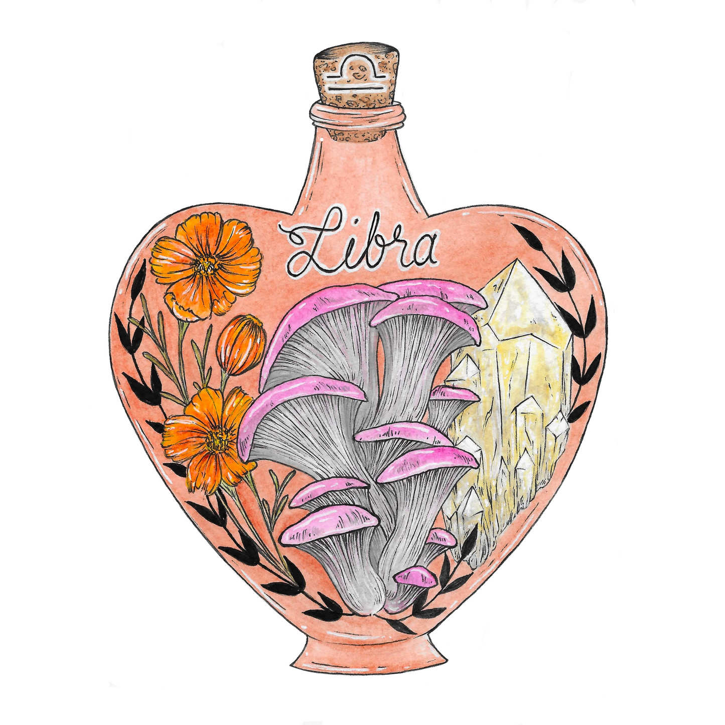 Libra Zodiac Bottle Print- Oyster Mushrooms, Cosmos and Citrine