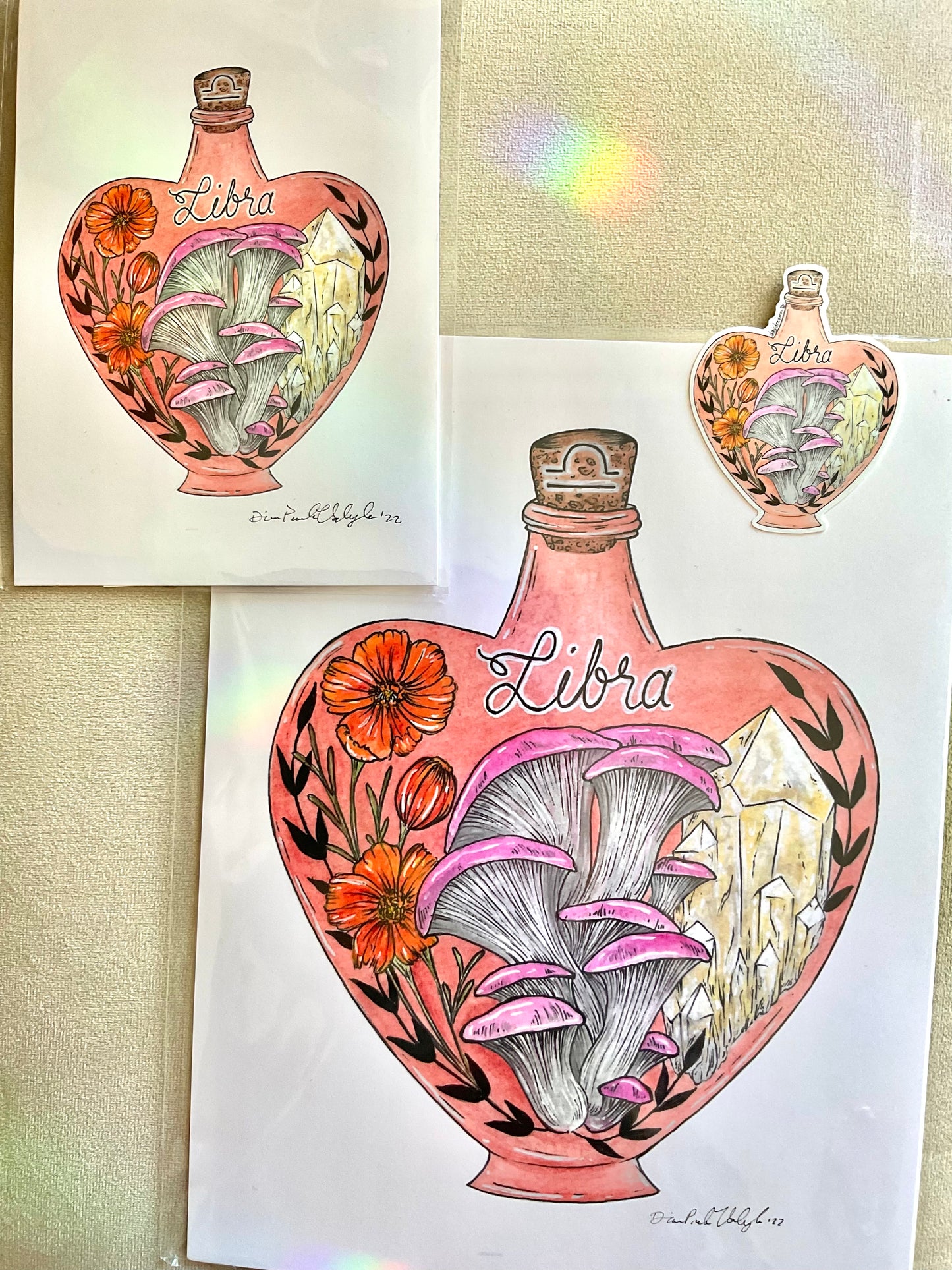 Libra Zodiac Bottle Print- Oyster Mushrooms, Cosmos and Citrine