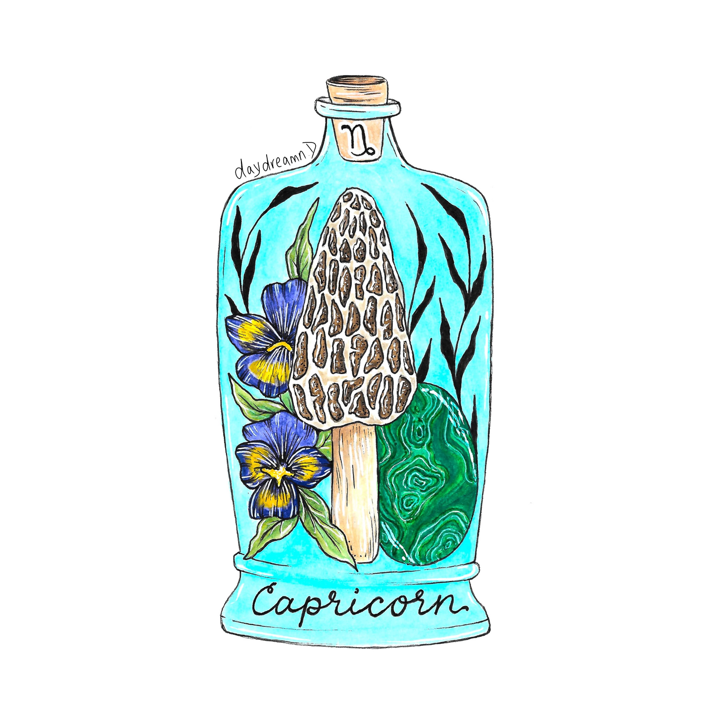 Capricorn Zodiac Bottle - Morel, Pansies and Malachite