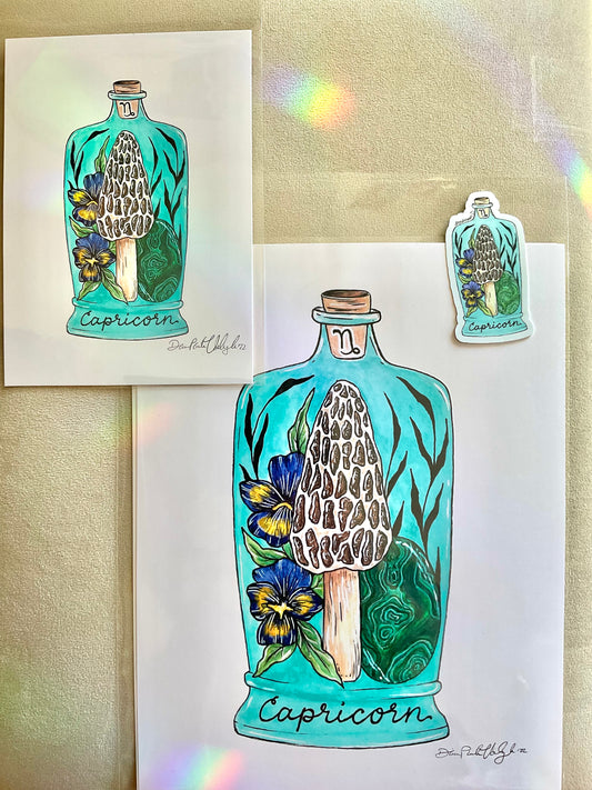 Capricorn Zodiac Bottle - Morel, Pansies and Malachite