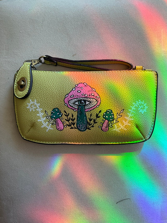 Green crossbody/wristlet handpainted with pink and teal