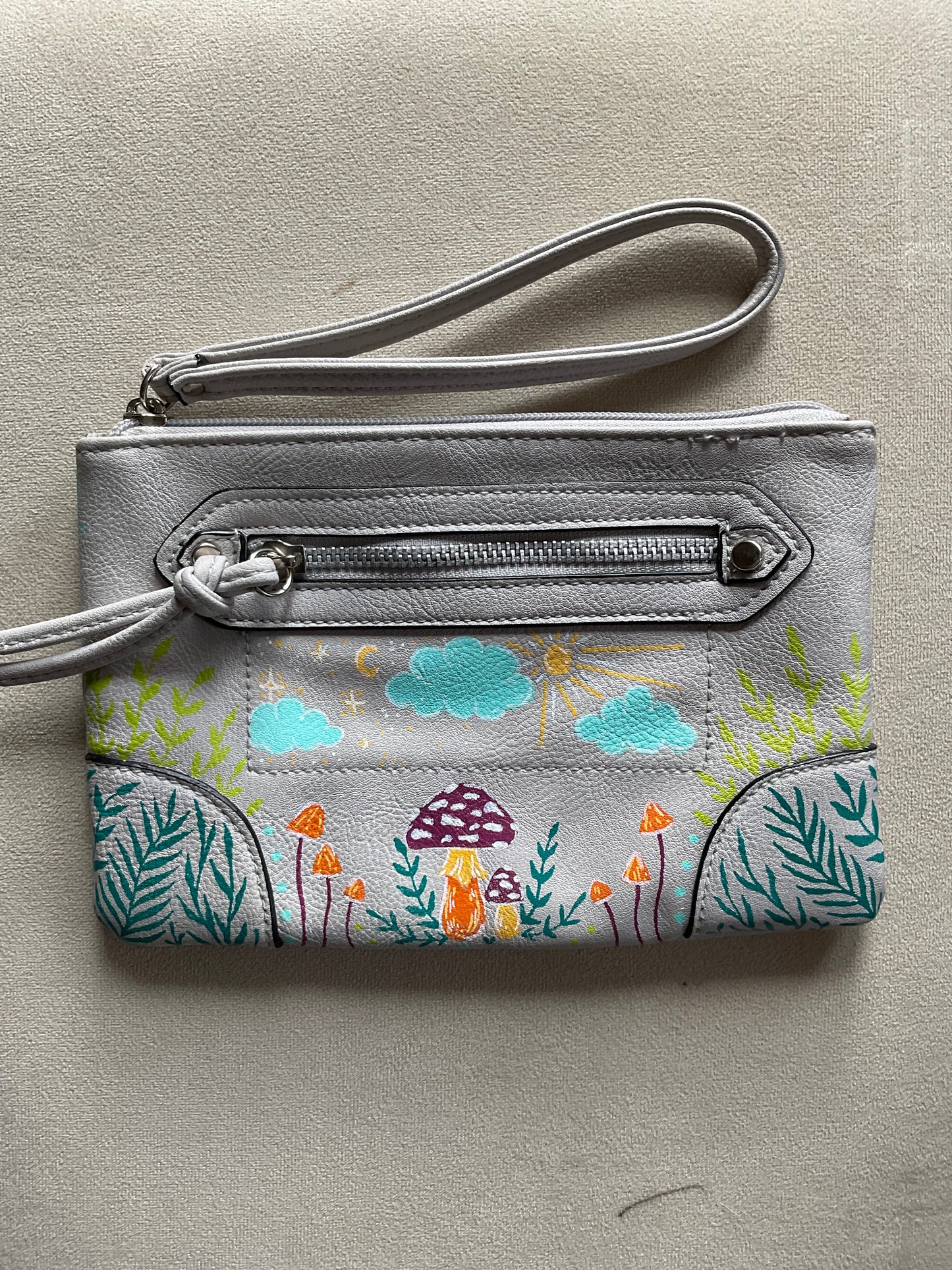 Grey Wristlet handpainted with mushrooms