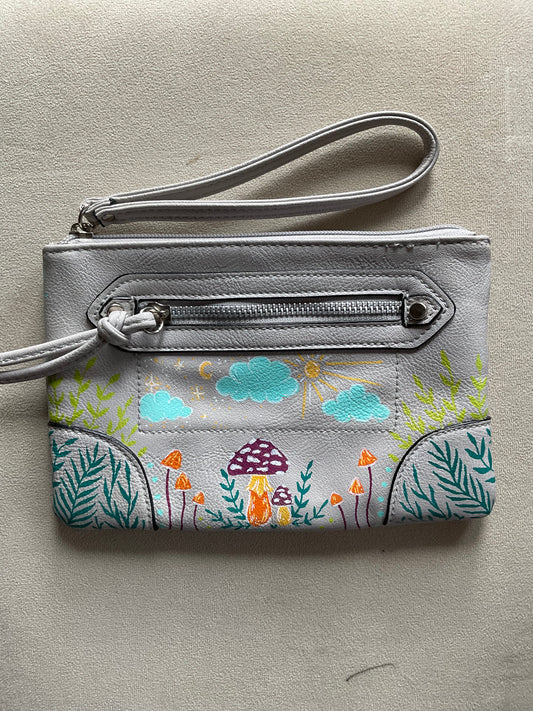 Grey Wristlet handpainted with mushrooms