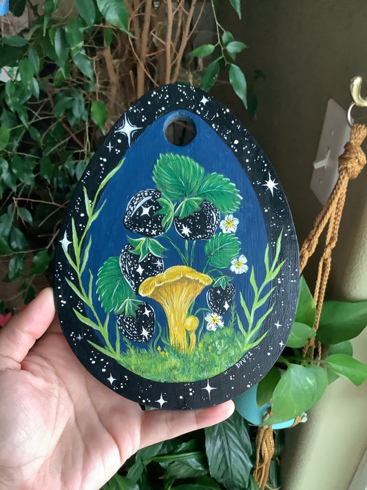 Upcycled Celestial Strawberry and Chanterelles Wood Wall Hanging