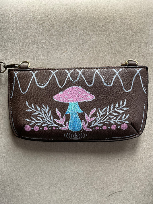 Brown crossbody/wristlet handpainted with pinks and blues
