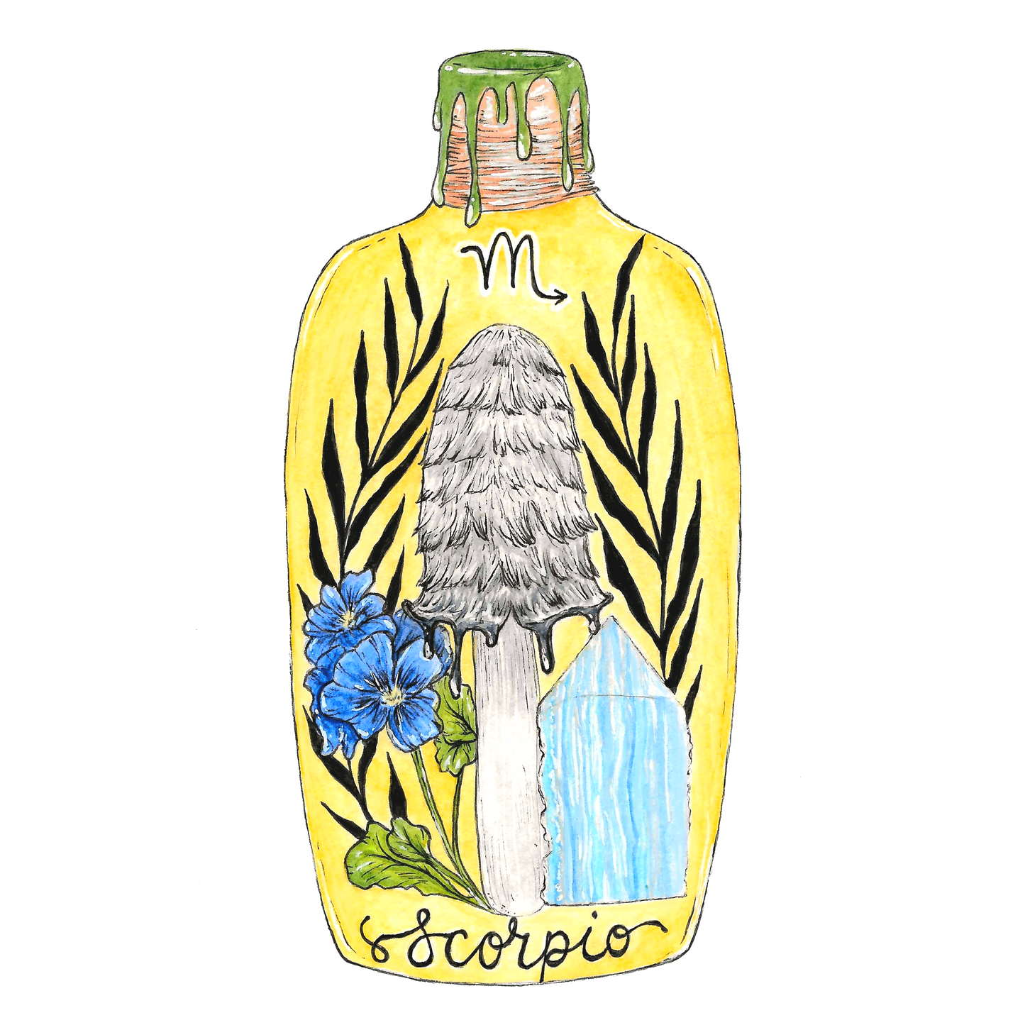 Scorpio Zodiac Bottle Giclee Print- Shaggy Mane, Geranium and Blue Lace Agate