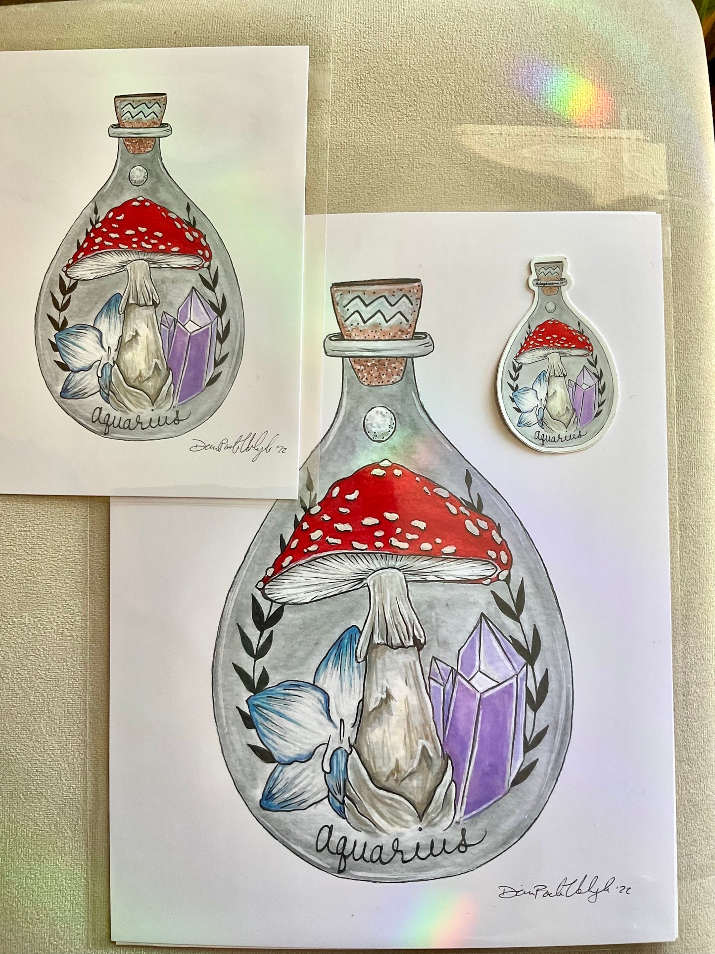 Aquarius Zodiac Bottle Giclee Print & sticker- Amanita, Orchid, Amethyst