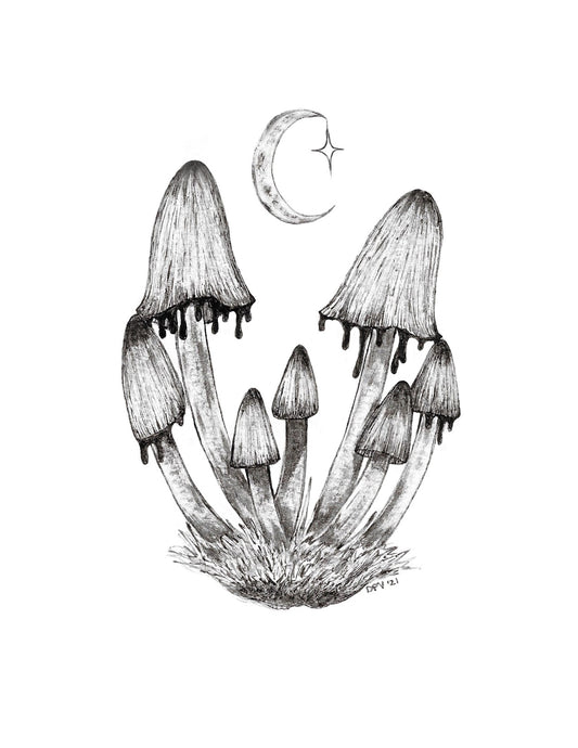 Inky Cap and Moon Illustration Giclee Print