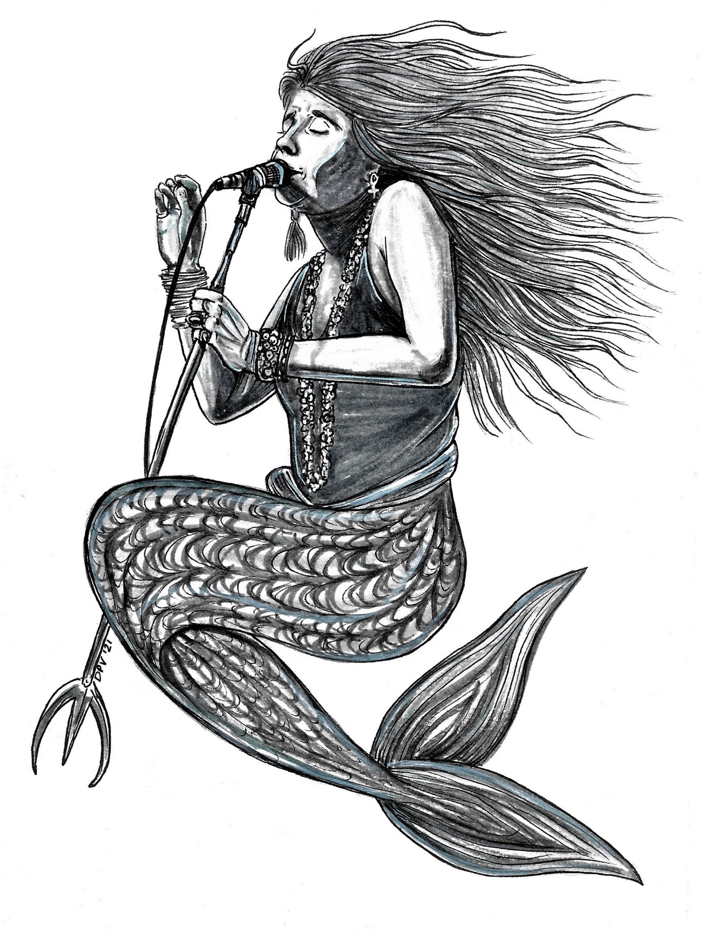 Janis Joplin Mermaid Giclee Print - Black and White Pen Illustration