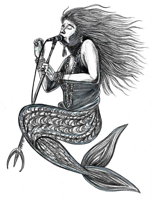 Janis Joplin Mermaid Giclee Print - Black and White Pen Illustration