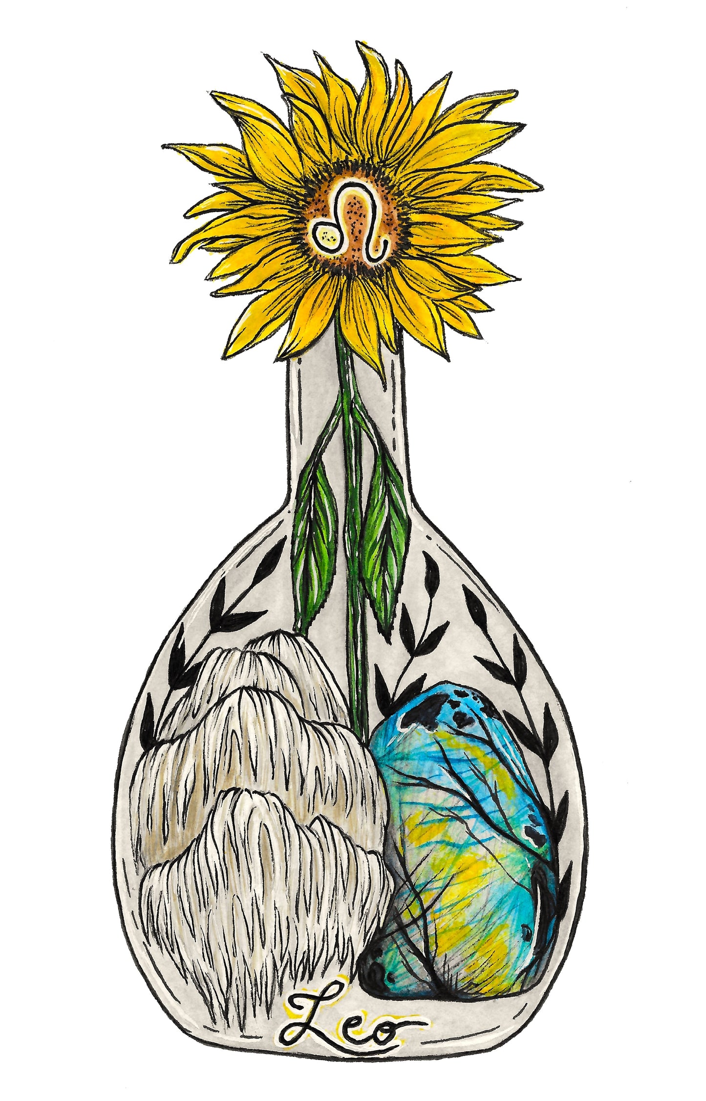 Leo Zodiac Bottle Giclee Print- Lion's Mane, Labradorite, Sunflower