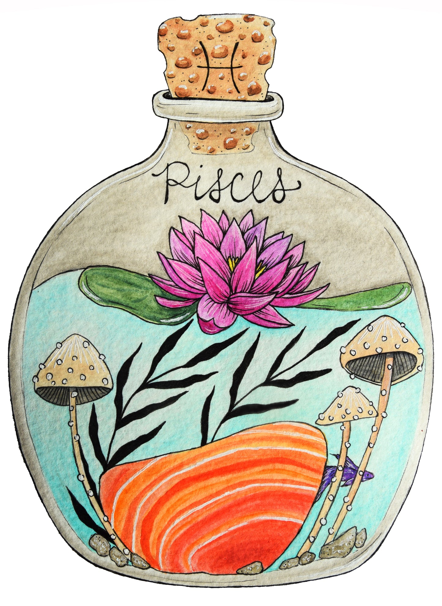 Pisces Zodiac Bottle Giclee Print - Psathyrella Aquatica, Lotus Flower, Carnelian