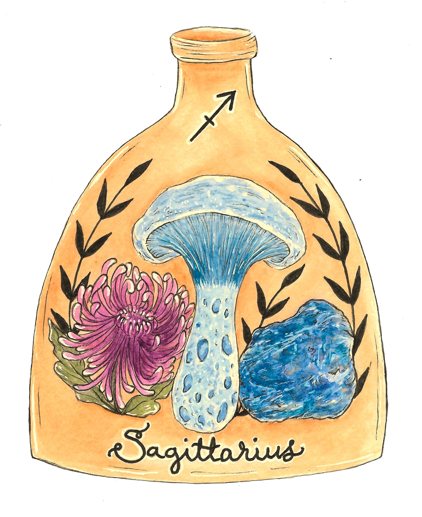 Sagittarius Zodiac Bottle - Fungi, Flower and Stone - Indigo Milk Cap, Chrysanthemum and Sodalite