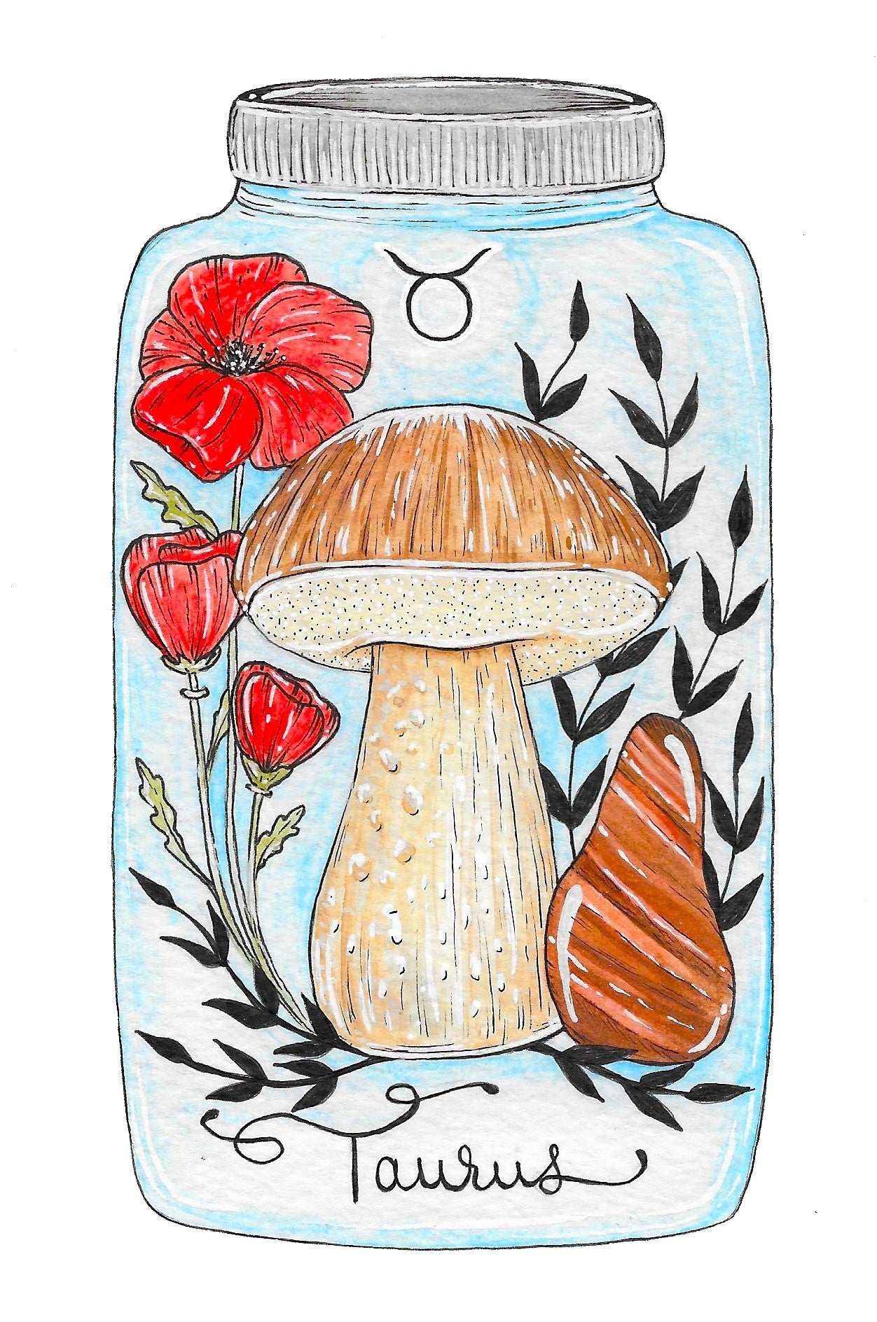 Taurus Zodiac Bottle Giclee Print - King Bolete, Red Poppy, Bull's Eye Stone