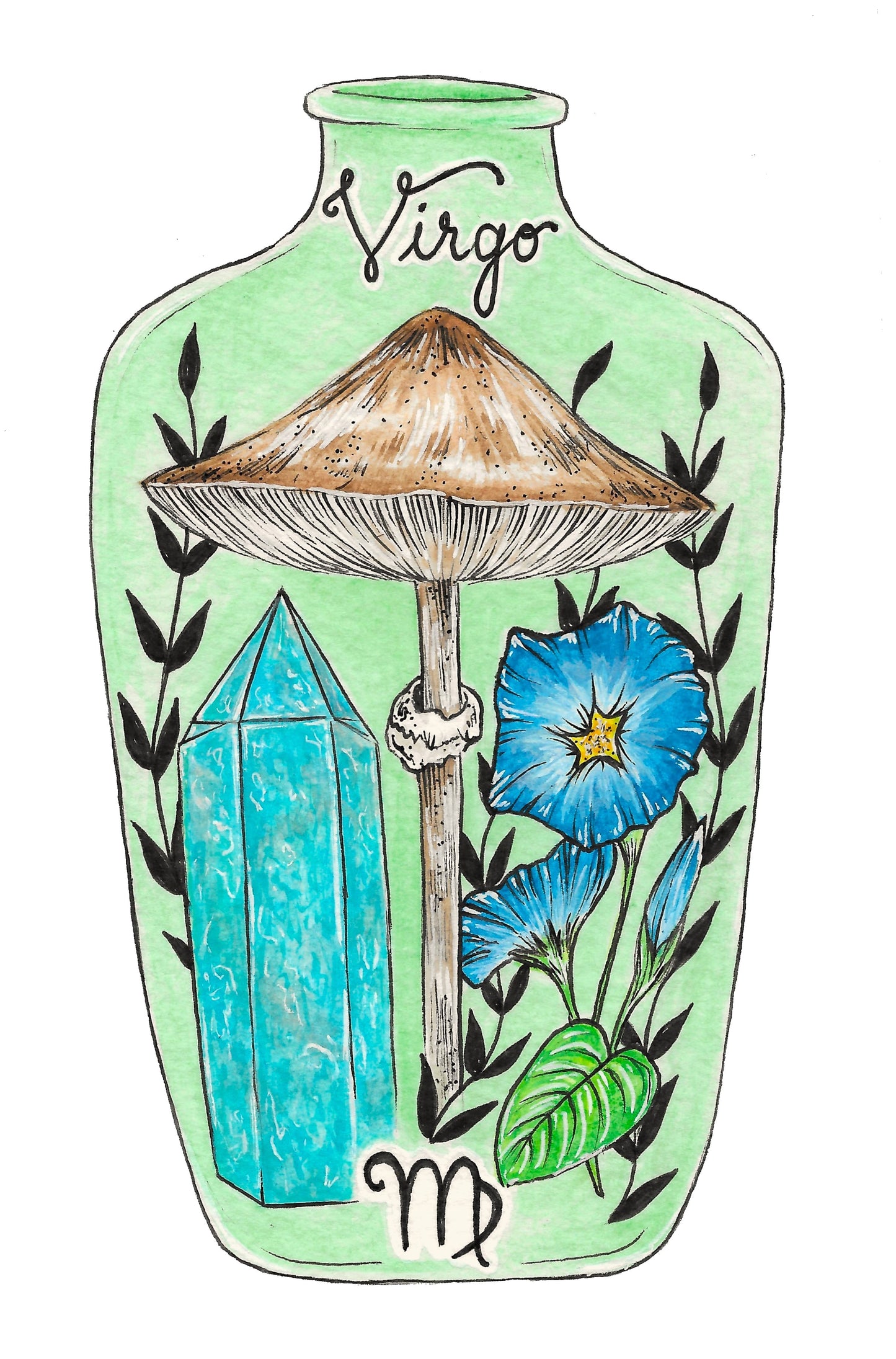 Virgo Zodiac Bottle Giclee Print- Parasol Mushroom, Amazonite Tower, Morning Glory Flower